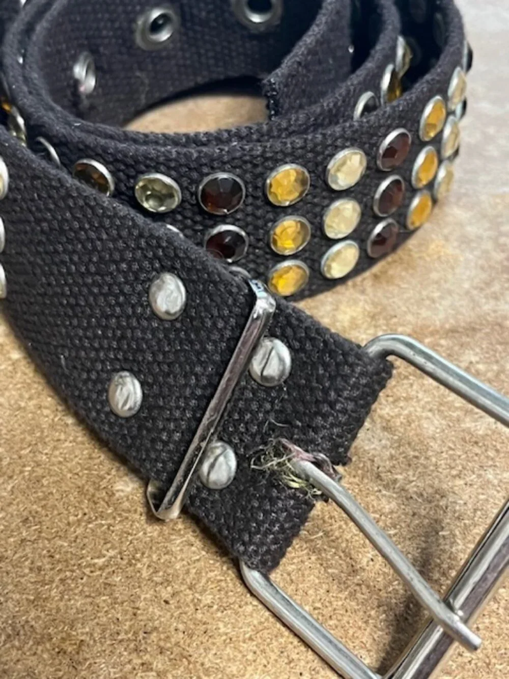 VTG Brown Cotton Canvas Belt Multi-Colored Studs Metal Buckle Single Prong 28